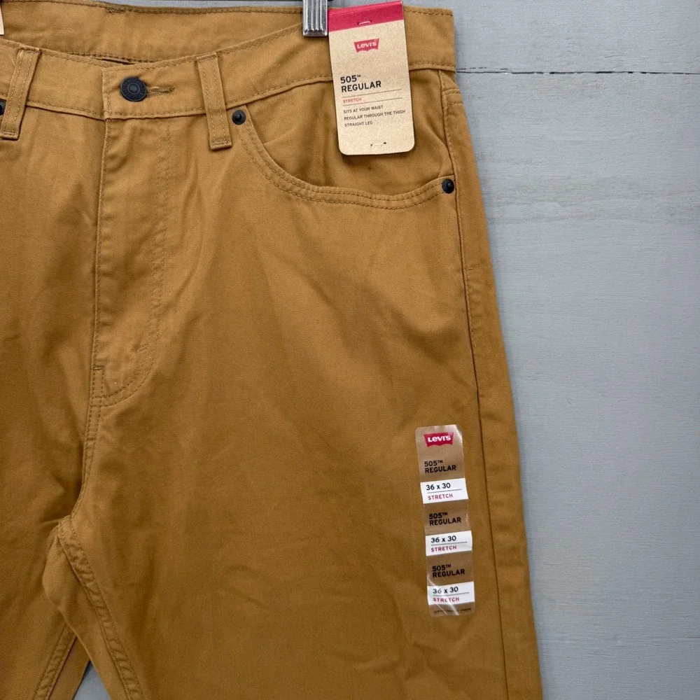 New Levi's 505 Regular Fit Chino Pants Brown Stretch Straight Leg 36 x 30